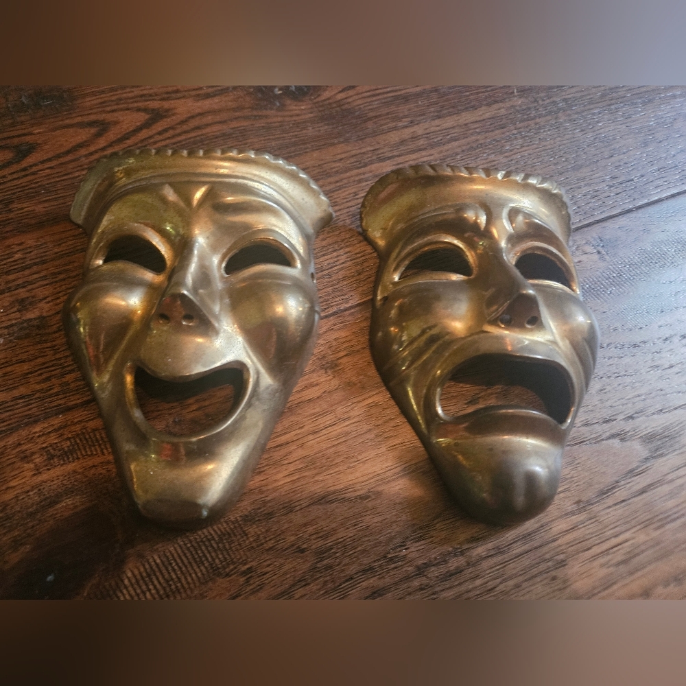 Vintage Theater  Brass Comedy Tragedy Masks Sad Happy Used Condition Made India.